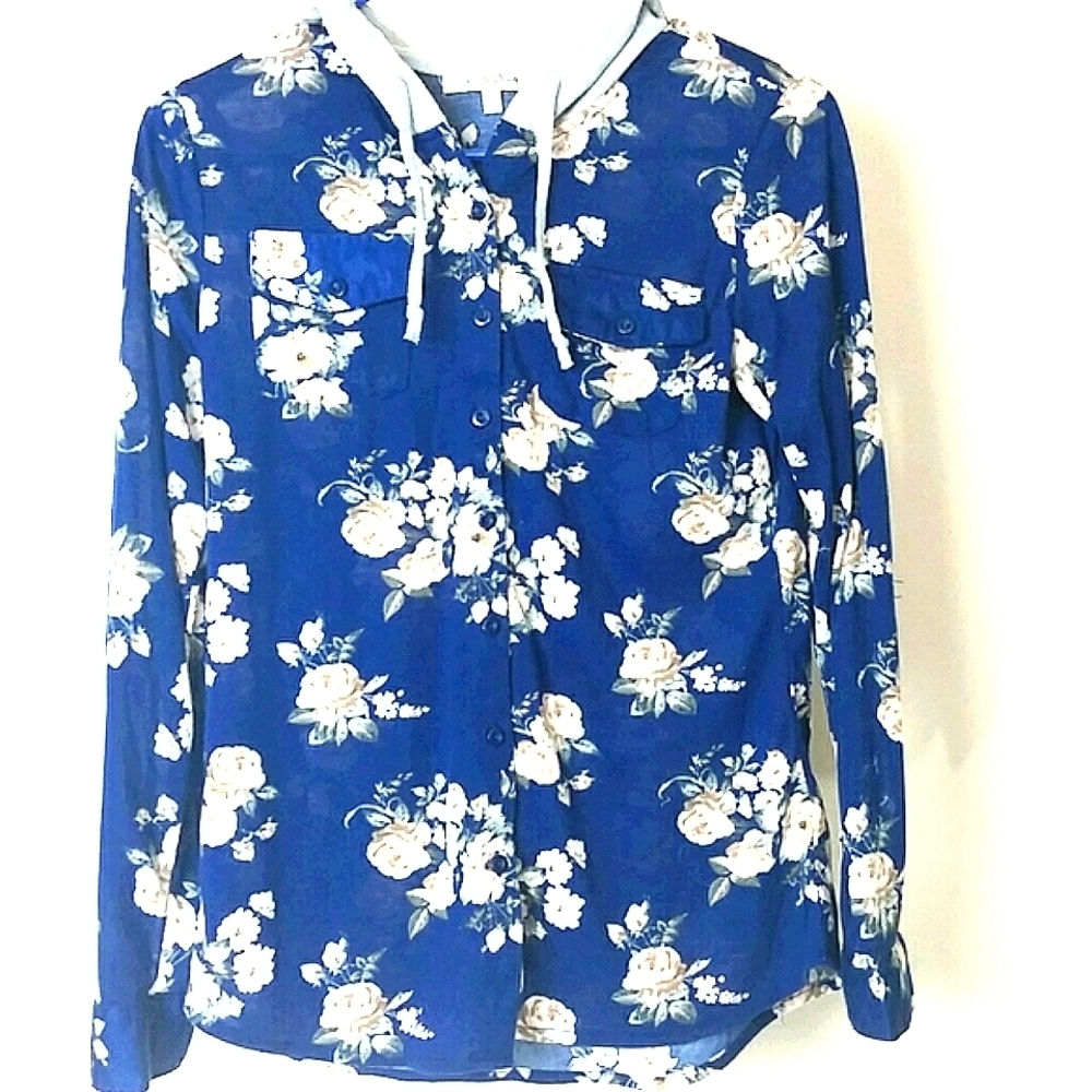 Top shirt blue long-sleeve floral Print button hoodie Cottagecore Milkmaid
